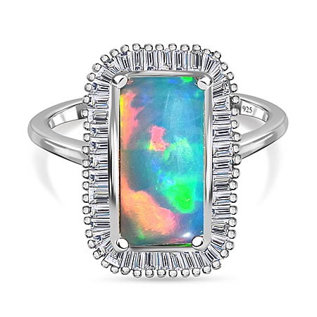 1 Ct. Ethiopian Opal and Diamond Halo Ring in Platinum Plated Sterling Silver
