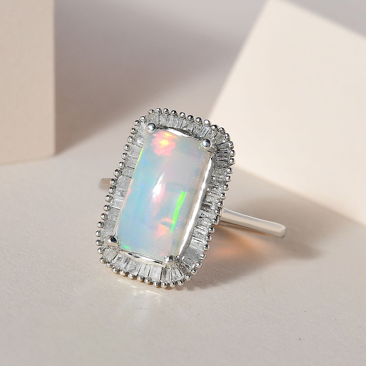 AAA Ethiopian Welo Opal and Diamond Ring in Platinum Overlay Sterling Silver 2.22 Ct.