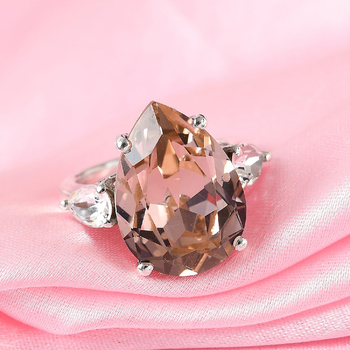 Lustro Stella  Vintage Rose & White Crystal Ring in Platinum Overlay Sterling Silver