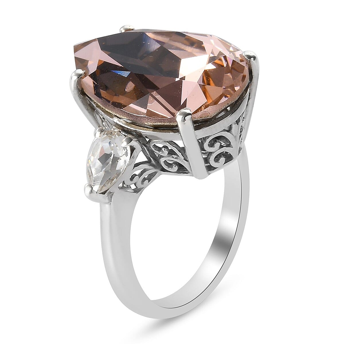 Lustro Stella  Vintage Rose & White Crystal Ring in Platinum Overlay Sterling Silver