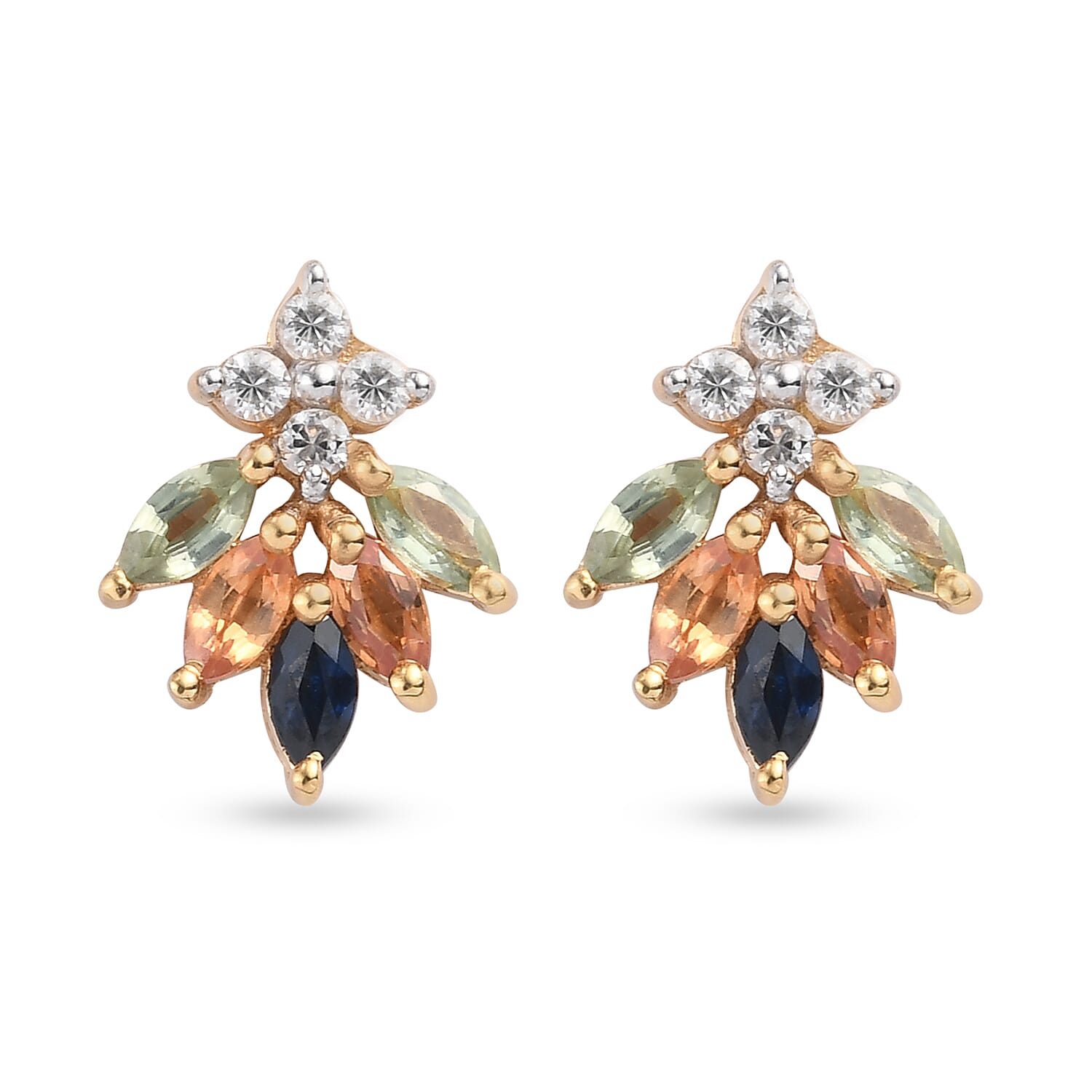 Rainbow Sapphire and Natural Cambodian Zircon Stud Earrings (with Push Back) in 14K Gold Overlay Sterling Silver 1.32 Ct