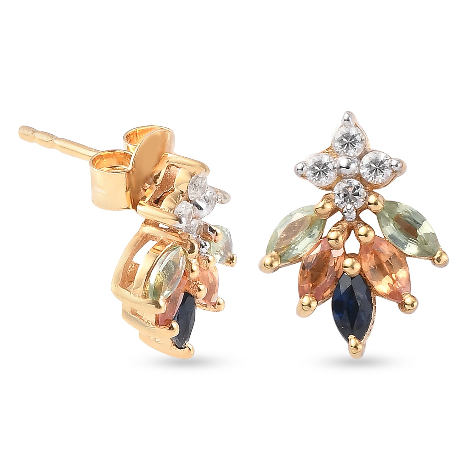 Rainbow Sapphire and Natural Cambodian Zircon Stud Earrings (with Push Back) in 14K Gold Overlay Sterling Silver 1.32 Ct