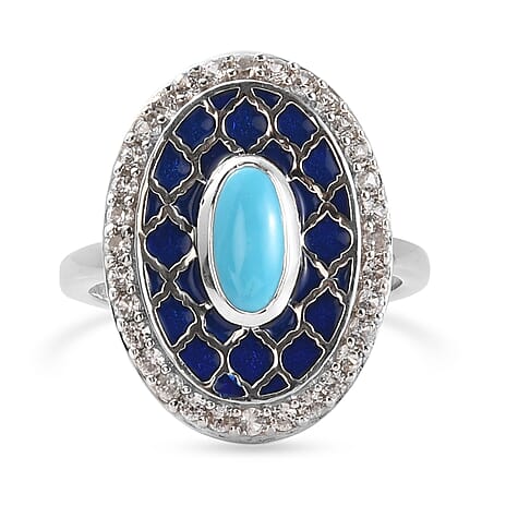 Arizona Sleeping Beauty Turquoise and Natural Cambodian Zircon Enamelled Ring in Platinum Overlay Sterling Silver 1.100 Ct.