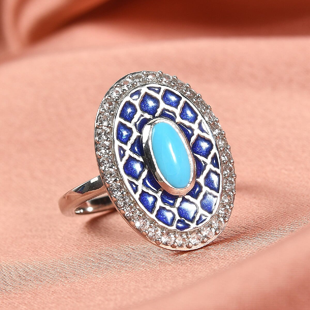 Arizona Sleeping Beauty Turquoise and Natural Cambodian Zircon Enamelled Ring in Platinum Overlay Sterling Silver 1.100 Ct.