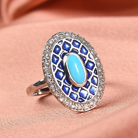 Arizona Sleeping Beauty Turquoise and Natural Cambodian Zircon Enamelled Ring in Platinum Overlay Sterling Silver 1.100 Ct.