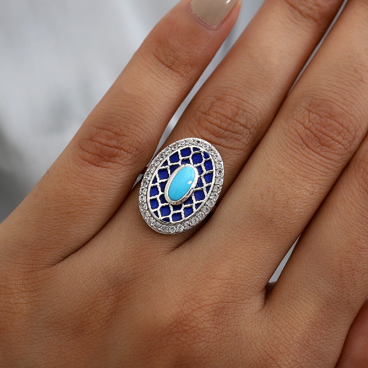 Arizona Sleeping Beauty Turquoise and Natural Cambodian Zircon Enamelled Ring in Platinum Overlay Sterling Silver 1.100 Ct.