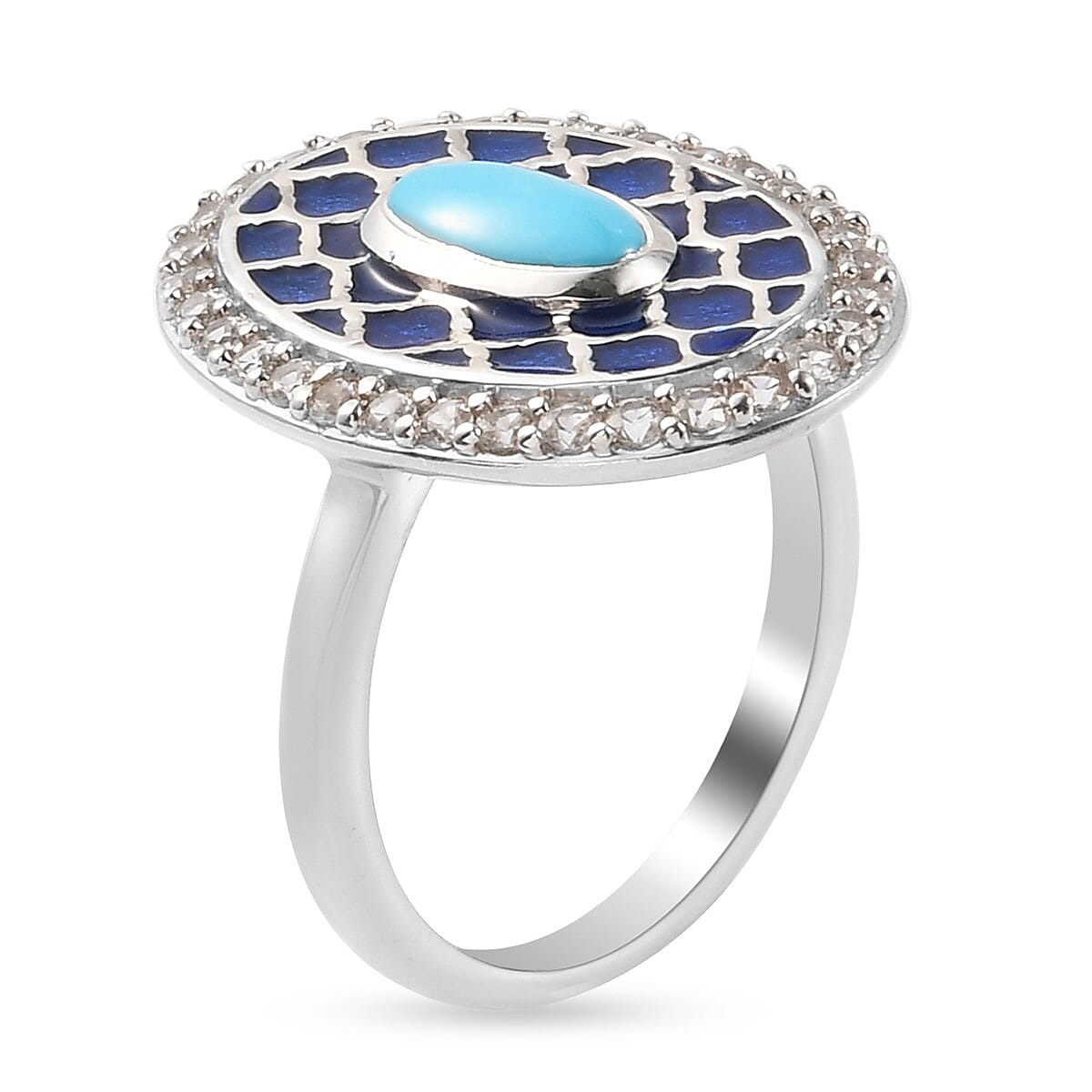Arizona Sleeping Beauty Turquoise and Natural Cambodian Zircon Enamelled Ring in Platinum Overlay Sterling Silver 1.100 Ct.
