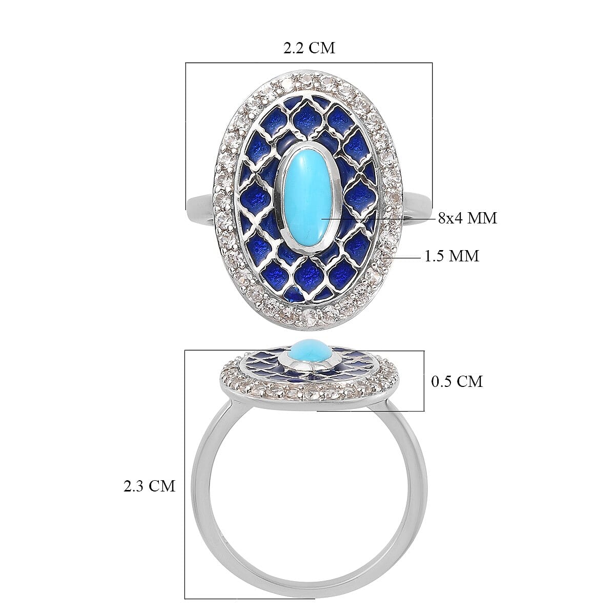 Arizona Sleeping Beauty Turquoise and Natural Cambodian Zircon Enamelled Ring in Platinum Overlay Sterling Silver 1.100 Ct.