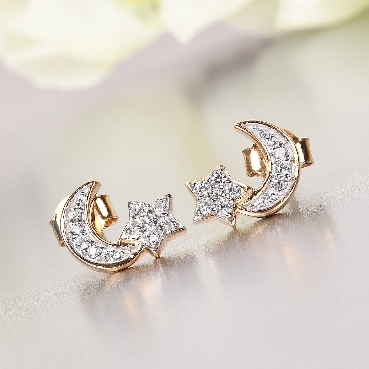 GP Celestial Dream Collection - Natural Cambodian Zircon and Kanchanaburi Blue Sapphire Star and Moon Earrings in 14K Gold Overlay Sterling Silver