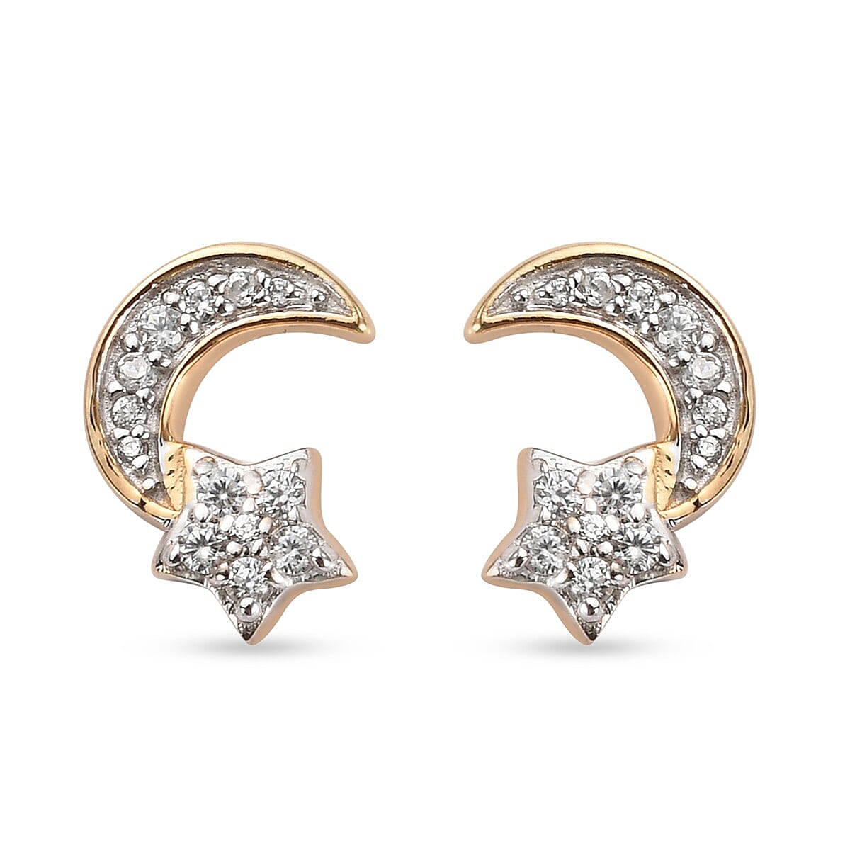 GP Celestial Dream Collection - Natural Cambodian Zircon and Kanchanaburi Blue Sapphire Star and Moon Earrings in 14K Gold Overlay Sterling Silver