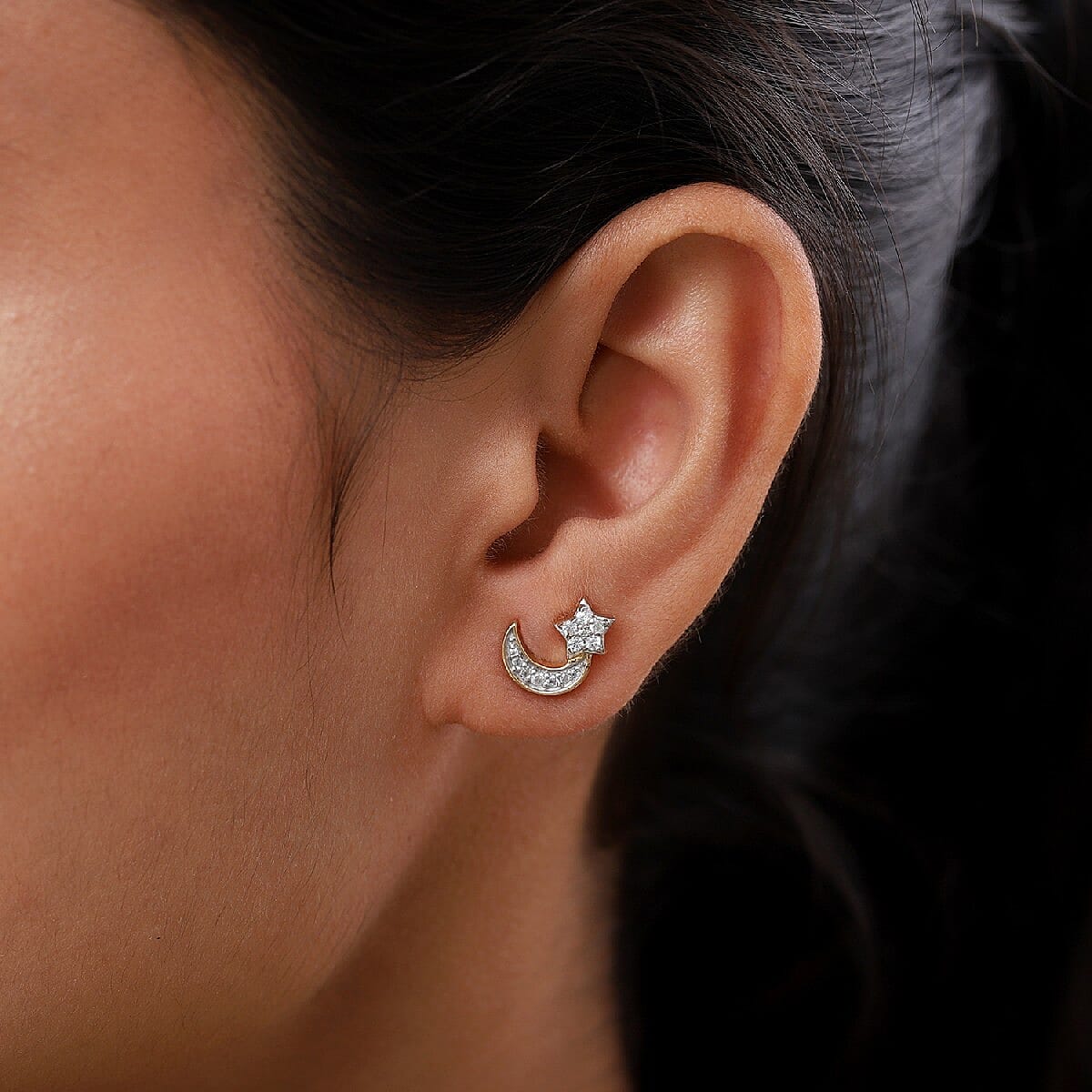 GP Celestial Dream Collection - Natural Cambodian Zircon and Kanchanaburi Blue Sapphire Star and Moon Earrings in 14K Gold Overlay Sterling Silver