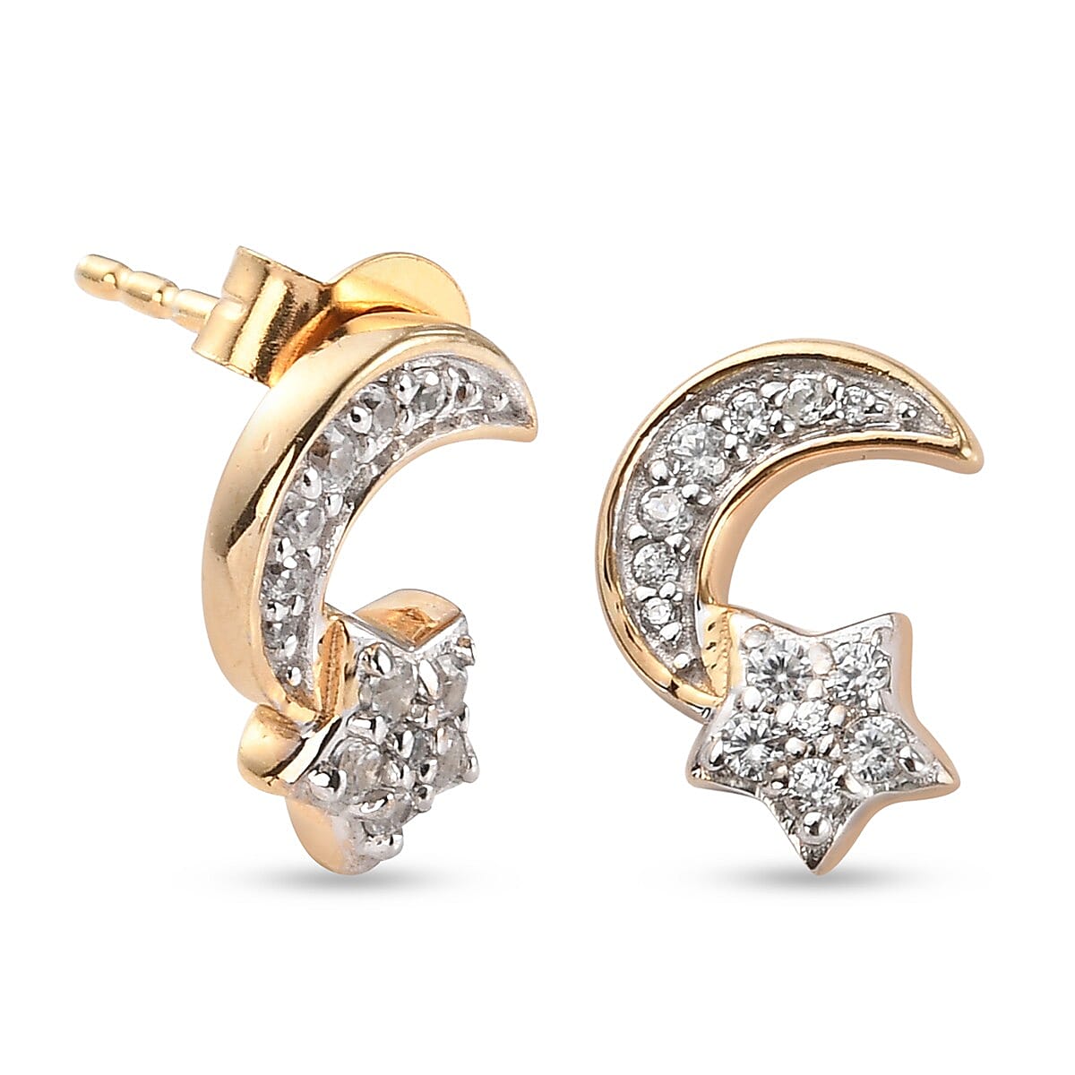 GP Celestial Dream Collection - Natural Cambodian Zircon and Kanchanaburi Blue Sapphire Star and Moon Earrings in 14K Gold Overlay Sterling Silver