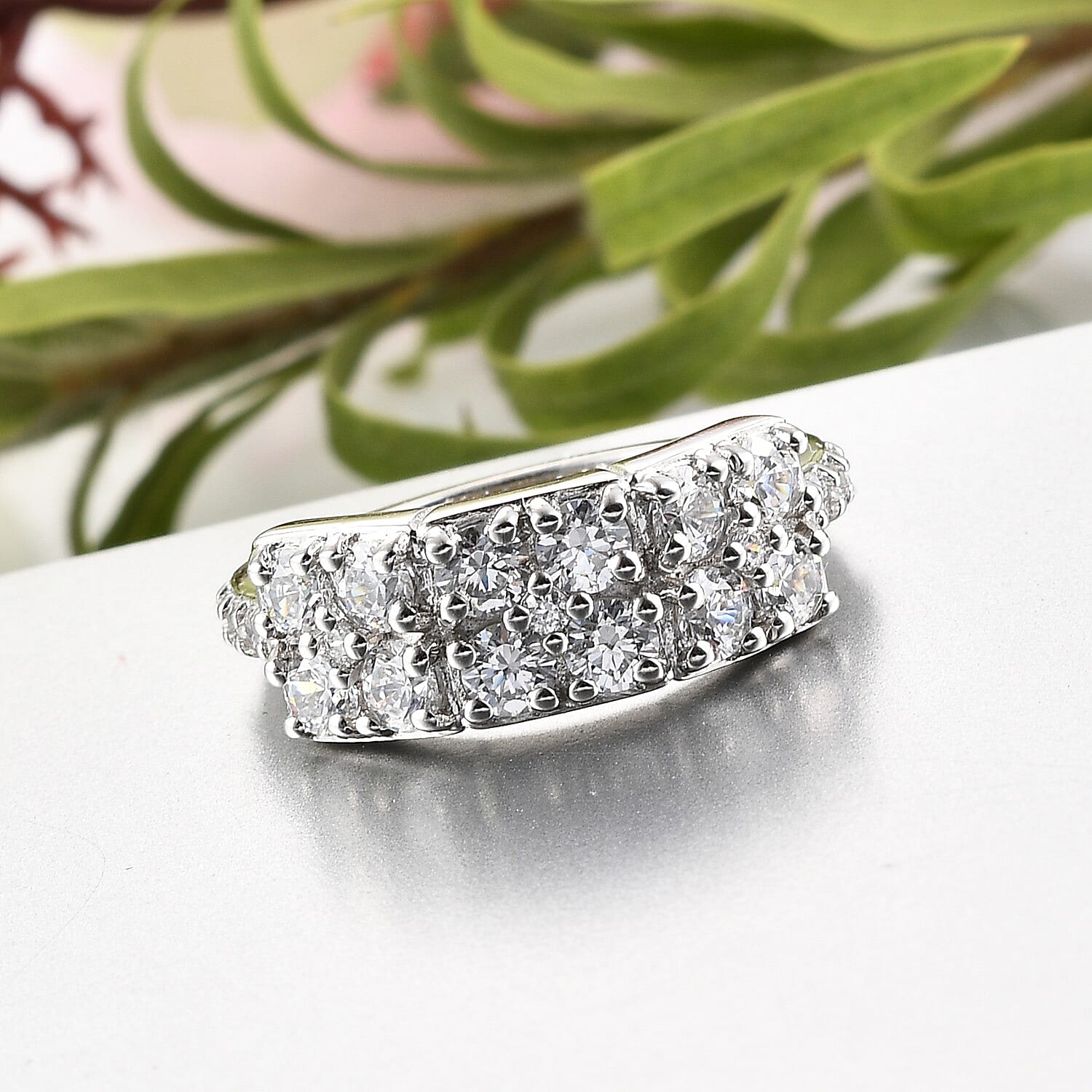 Lustro Stella Platinum Overlay Sterling Silver Ring Made with Finest CZ 3.01 Ct.