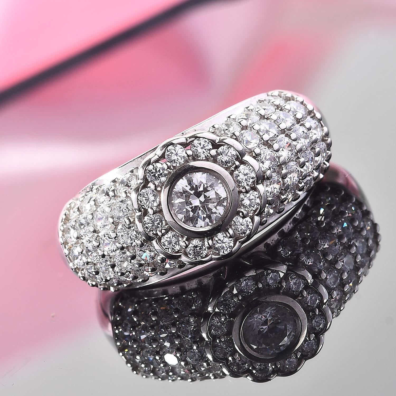 Lustro Stella Platinum Overlay Sterling Silver Ring Made with Finest CZ 2.53 Ct.