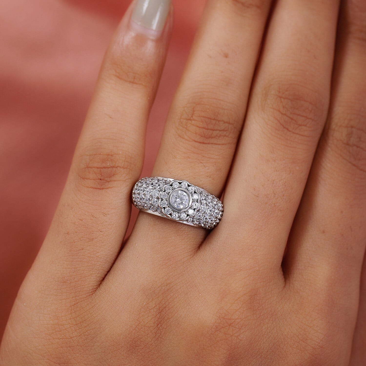 Lustro Stella Platinum Overlay Sterling Silver Ring Made with Finest CZ 2.53 Ct.