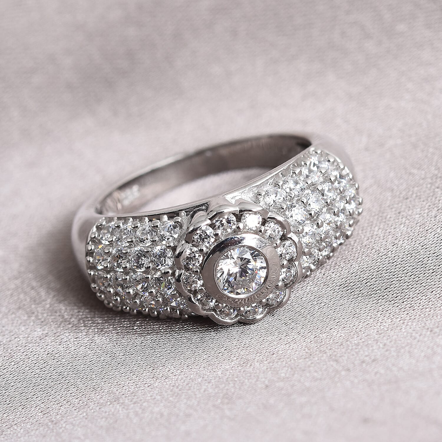 Lustro Stella Platinum Overlay Sterling Silver Ring Made with Finest CZ 2.53 Ct.