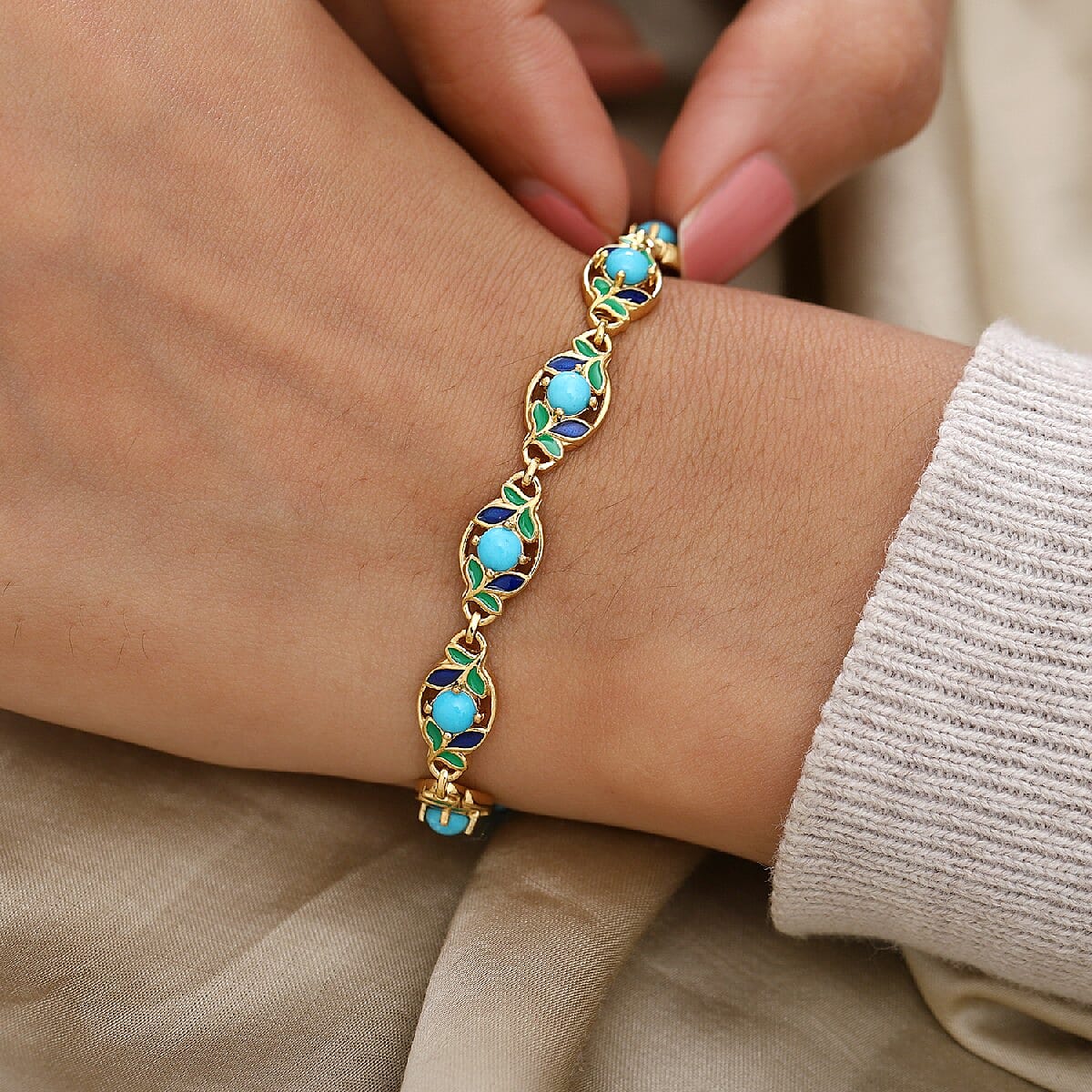 Sleeping Beauty Turquoise Line Bracelet 1 Row in 14K Gold Overlay Sterling Silver 3.50 ct,  Sliver Wt. 12.5 Gms  3.500  Ct.