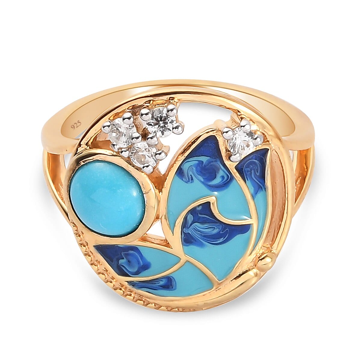 Arizona Sleeping Beauty Turquoise and Natural Cambodian Zircon Enamelled Ring in 14K Gold Overlay Sterling Silver 0.890 Ct.