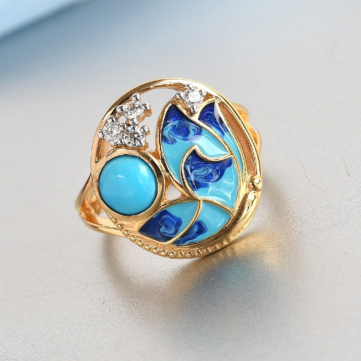 Arizona Sleeping Beauty Turquoise and Natural Cambodian Zircon Enamelled Ring in 14K Gold Overlay Sterling Silver 0.890 Ct.