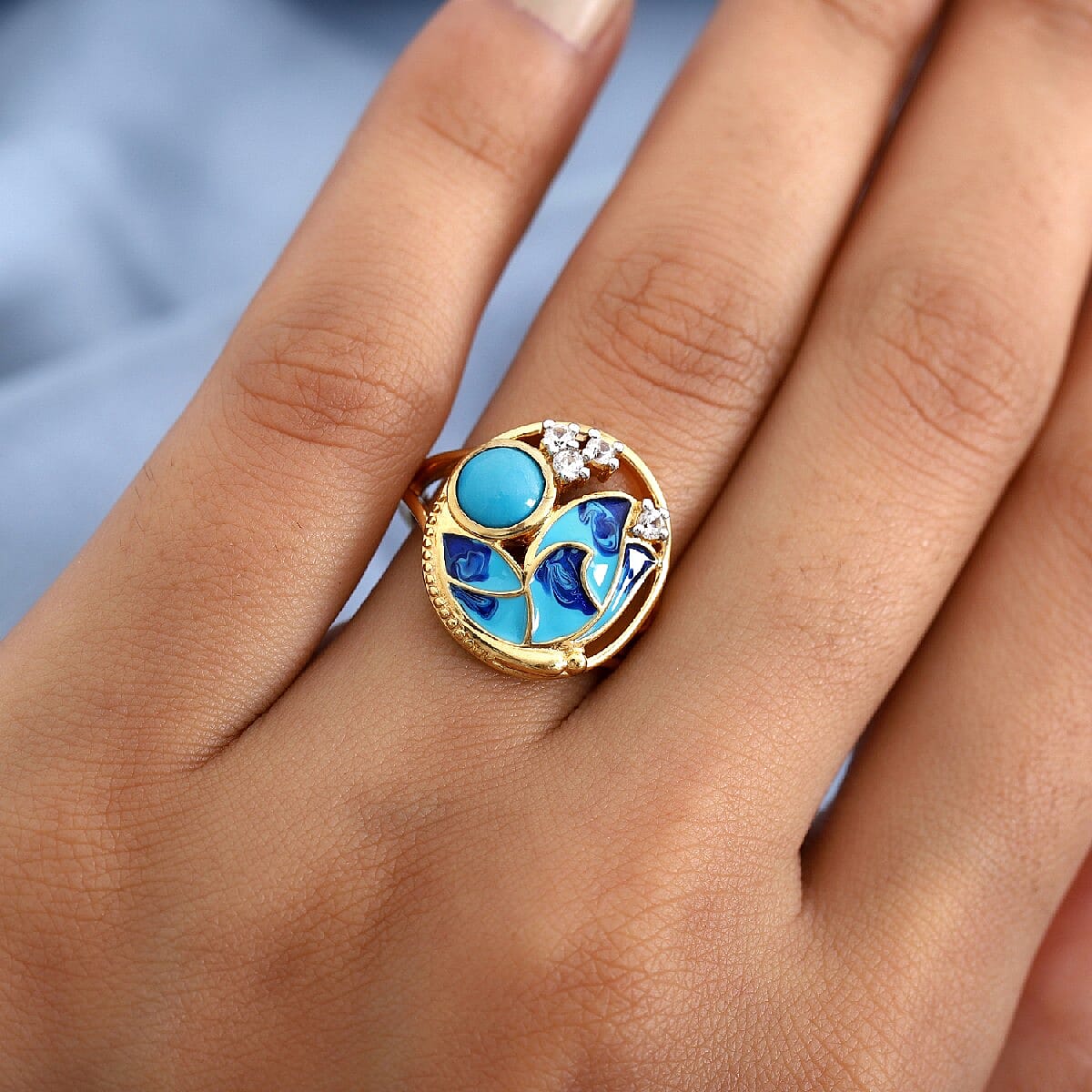 Arizona Sleeping Beauty Turquoise and Natural Cambodian Zircon Enamelled Ring in 14K Gold Overlay Sterling Silver 0.890 Ct.