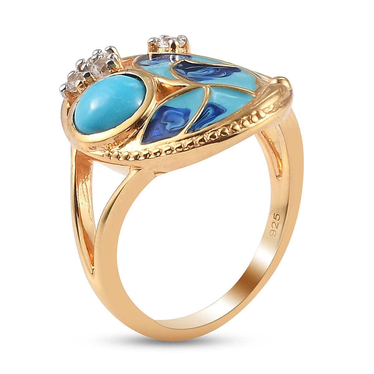 Arizona Sleeping Beauty Turquoise and Natural Cambodian Zircon Enamelled Ring in 14K Gold Overlay Sterling Silver 0.890 Ct.