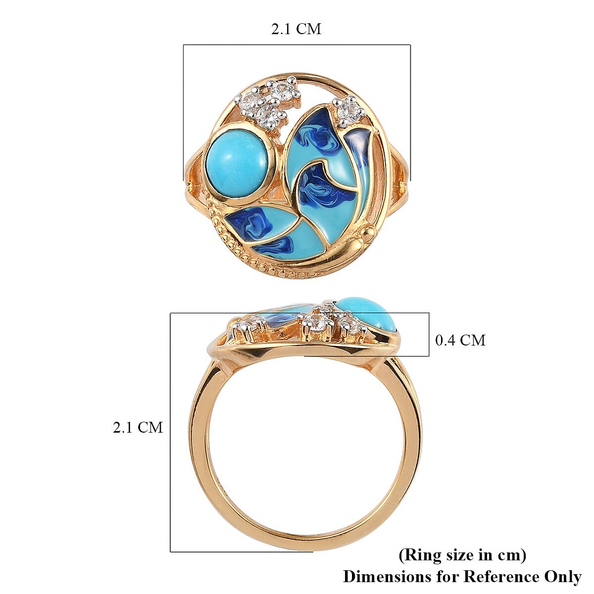 Arizona Sleeping Beauty Turquoise and Natural Cambodian Zircon Enamelled Ring in 14K Gold Overlay Sterling Silver 0.890 Ct.