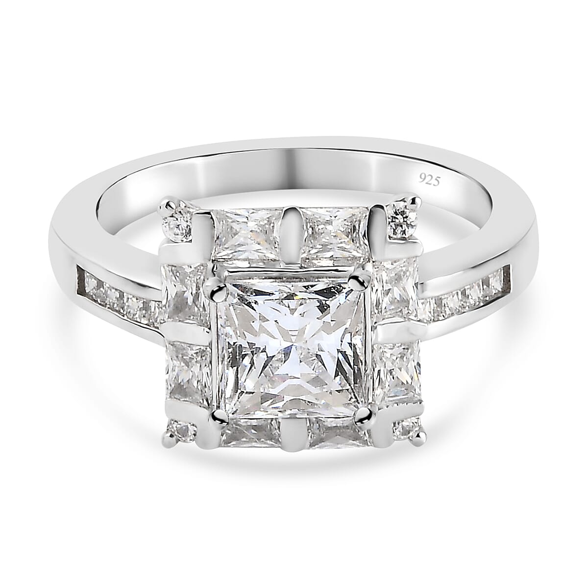 Lustro Stella Platinum Overlay Sterling Silver Ring Made with Finest CZ 3.64 Ct.