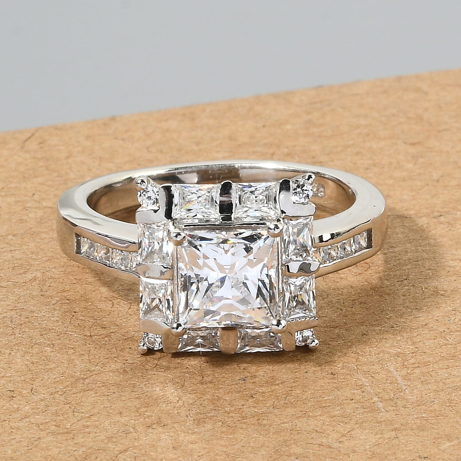 Lustro Stella Platinum Overlay Sterling Silver Ring Made with Finest CZ 3.64 Ct.