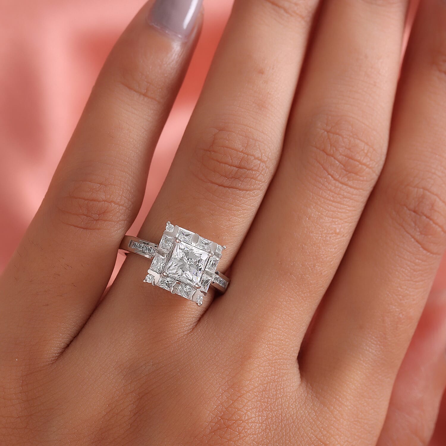 Lustro Stella Platinum Overlay Sterling Silver Ring Made with Finest CZ 3.64 Ct.