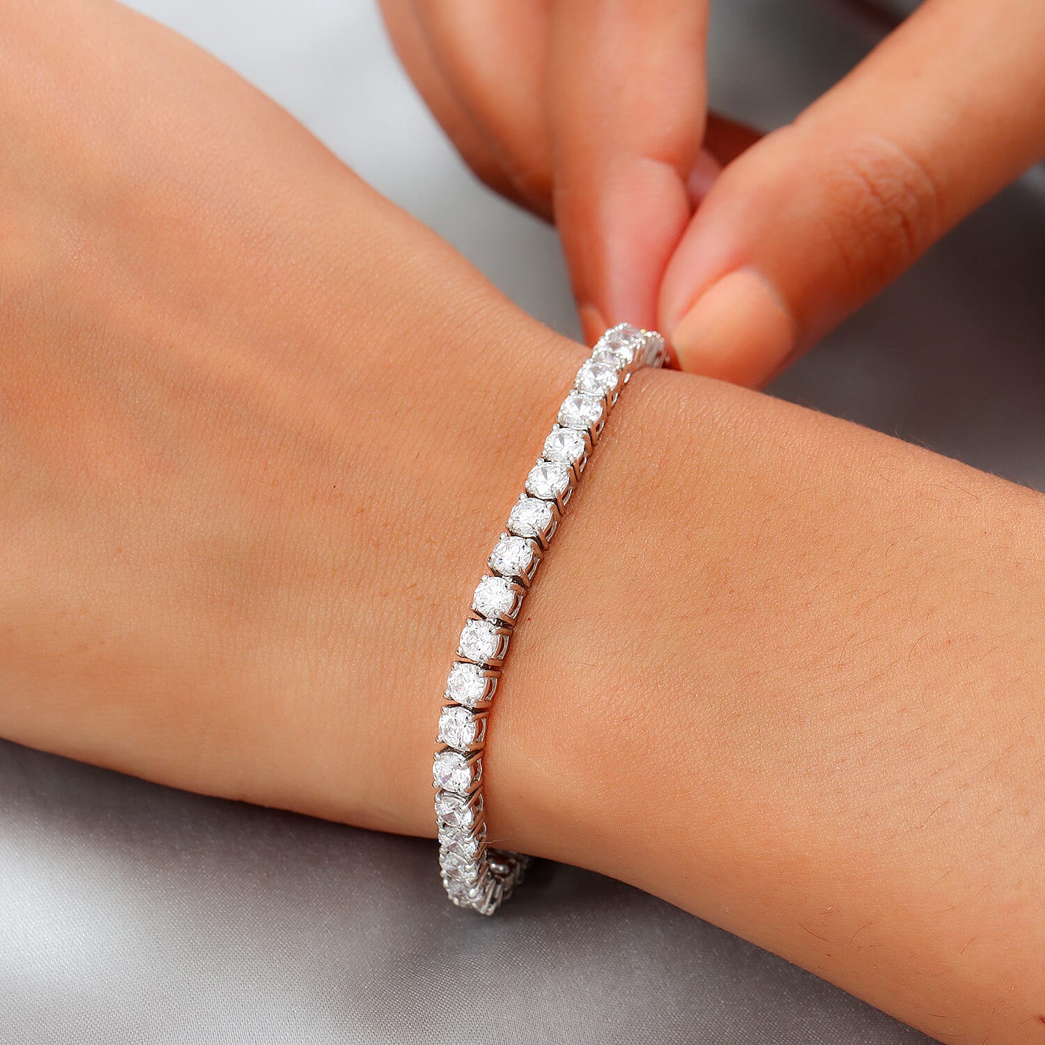 J Francis - Platinum Overlay Sterling Silver Tennis Bracelet (Size - 7) Made with SWAROVSKI ZIRCONIA 16.98 Ct, Silver wt 10.07 Gms