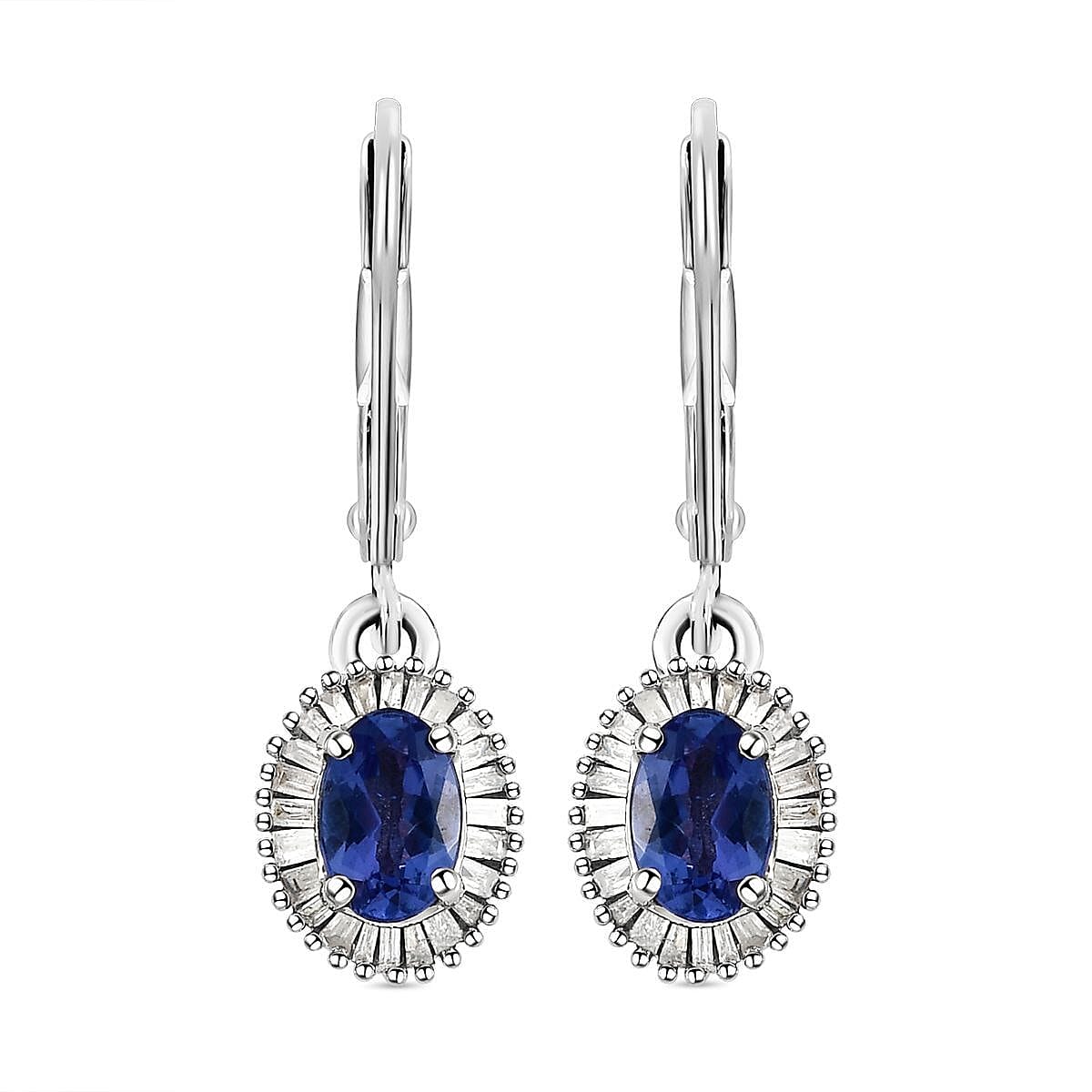 9K White Gold Tanzanite and Diamond Lever Back Earrings 1.44 Ct.