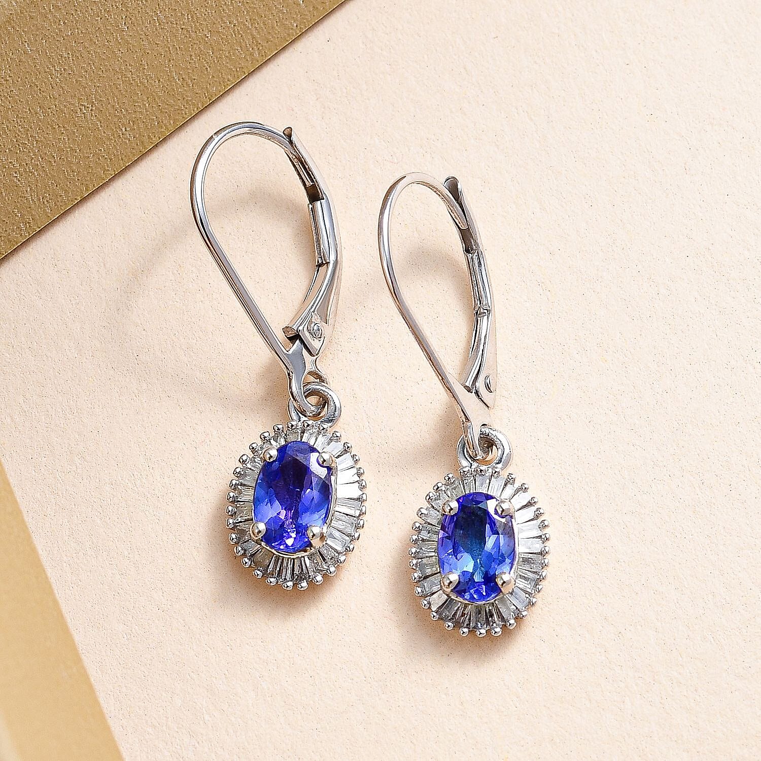 9K White Gold Tanzanite and Diamond Lever Back Earrings 1.44 Ct.