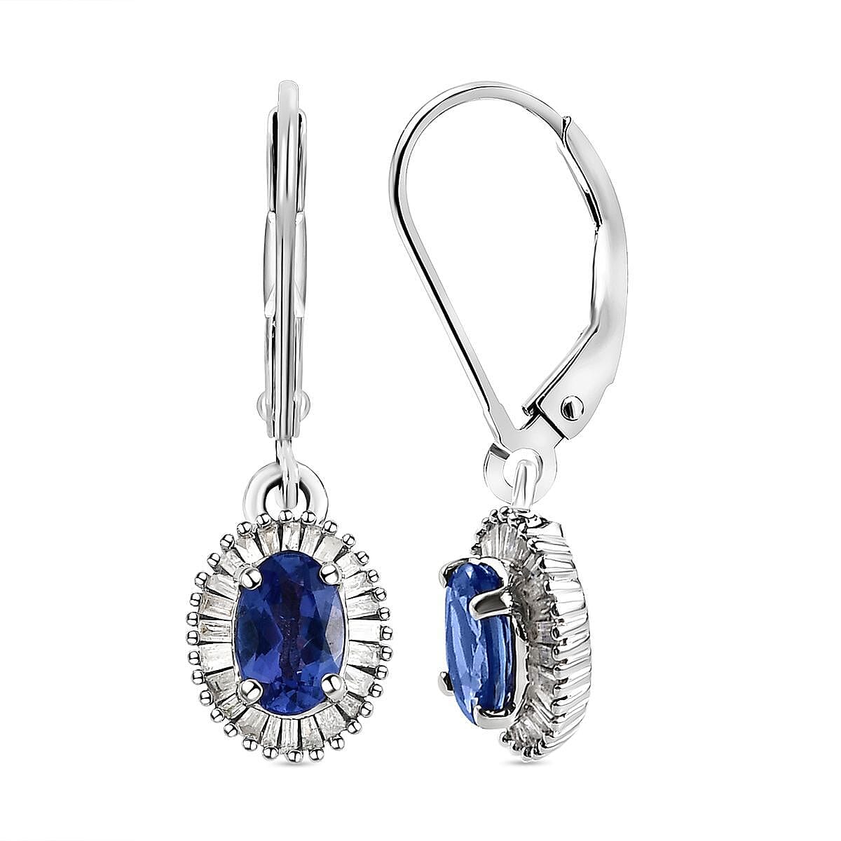 9K White Gold Tanzanite and Diamond Lever Back Earrings 1.44 Ct.