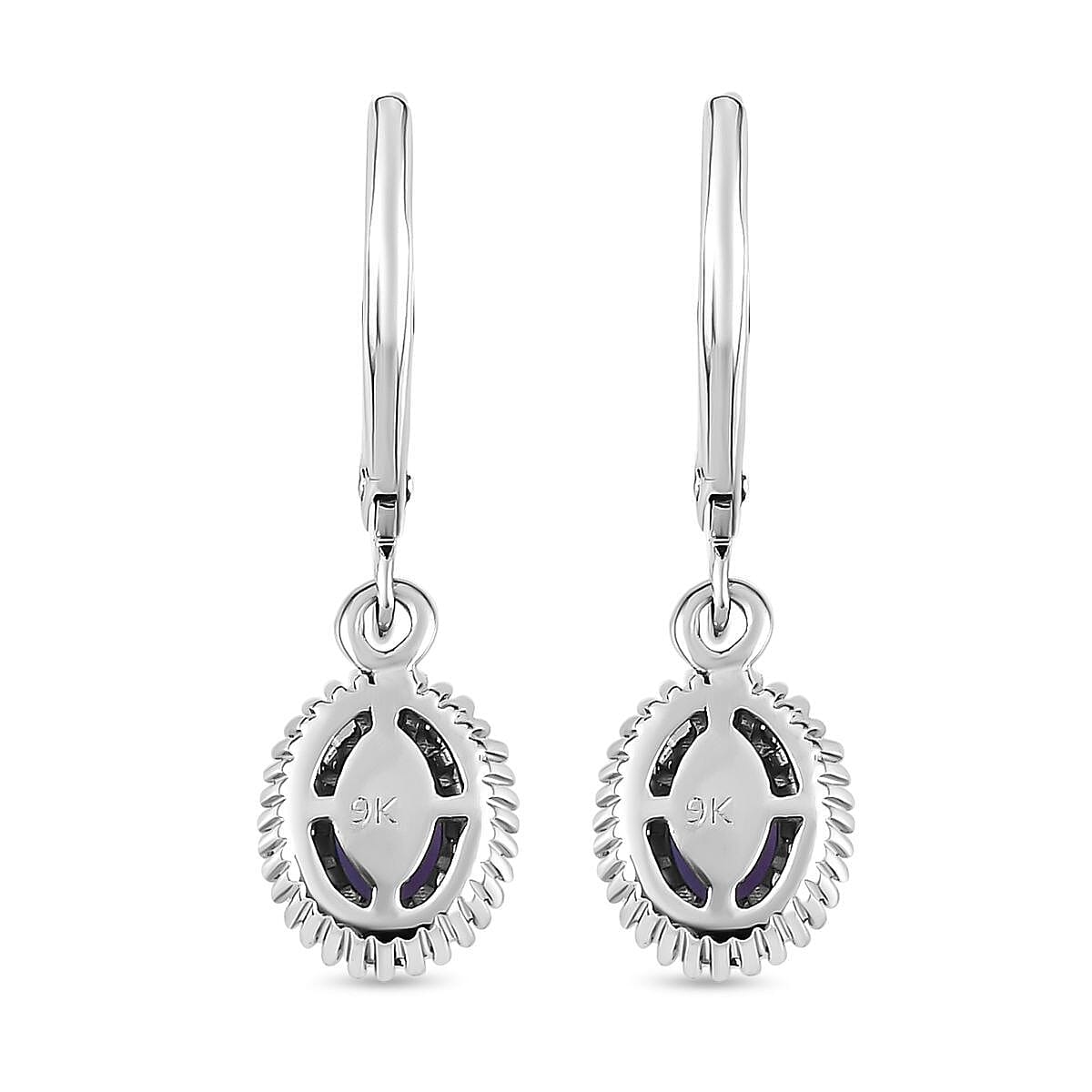 9K White Gold Tanzanite and Diamond Lever Back Earrings 1.44 Ct.