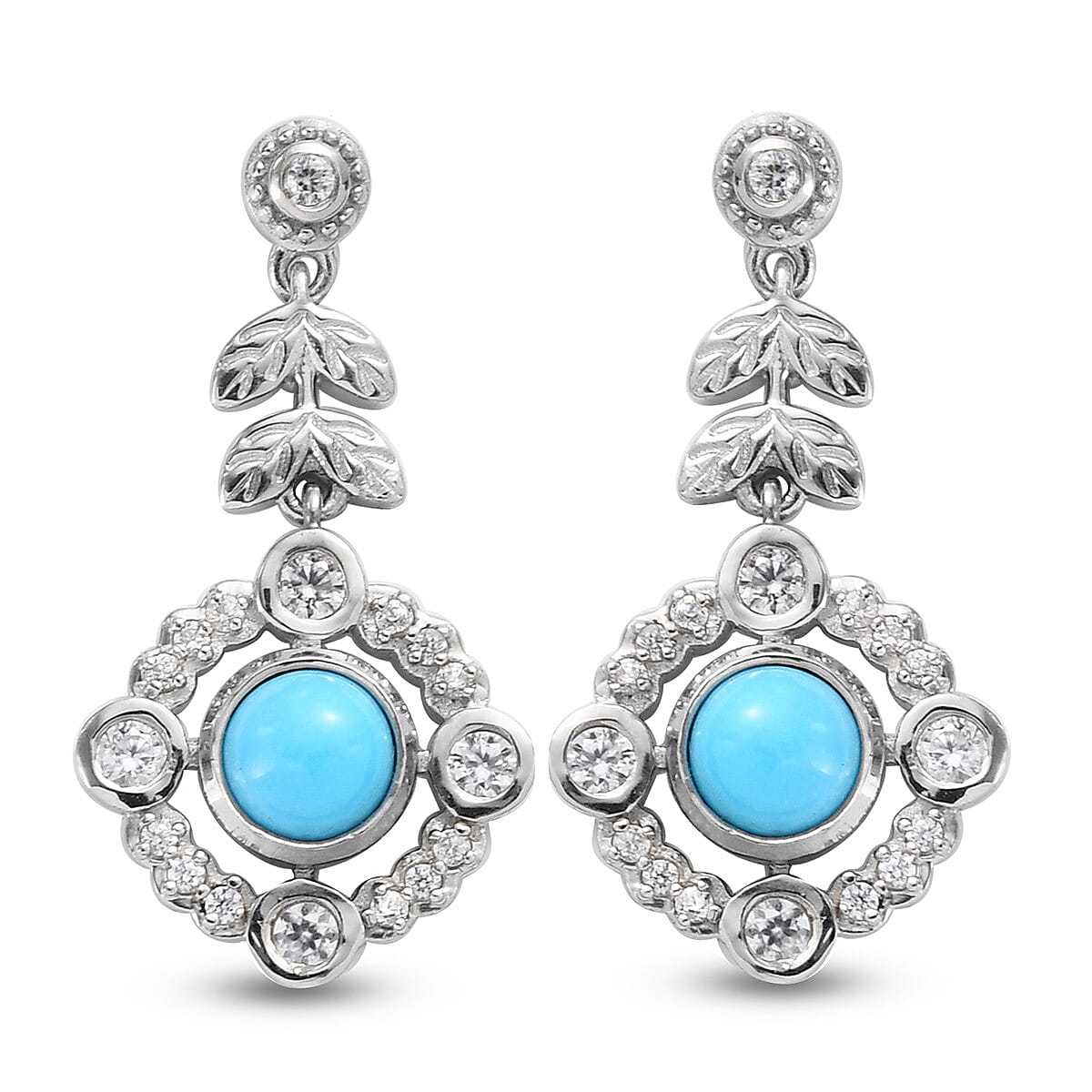 Arizona Sleeping Beauty Turquoise and Natural Cambodian Zircon Dangle Earrings (with Push Back) in Platinum Overlay Sterling Silver 1.57 Ct.