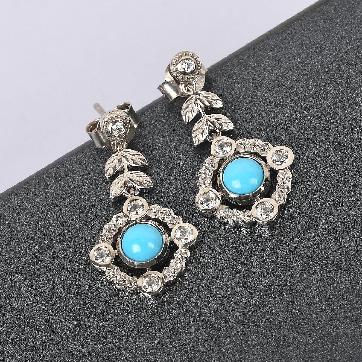 Arizona Sleeping Beauty Turquoise and Natural Cambodian Zircon Dangle Earrings (with Push Back) in Platinum Overlay Sterling Silver 1.57 Ct.