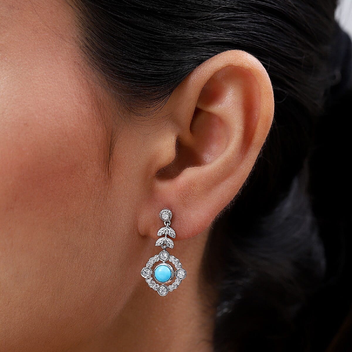 Arizona Sleeping Beauty Turquoise and Natural Cambodian Zircon Dangle Earrings (with Push Back) in Platinum Overlay Sterling Silver 1.57 Ct.
