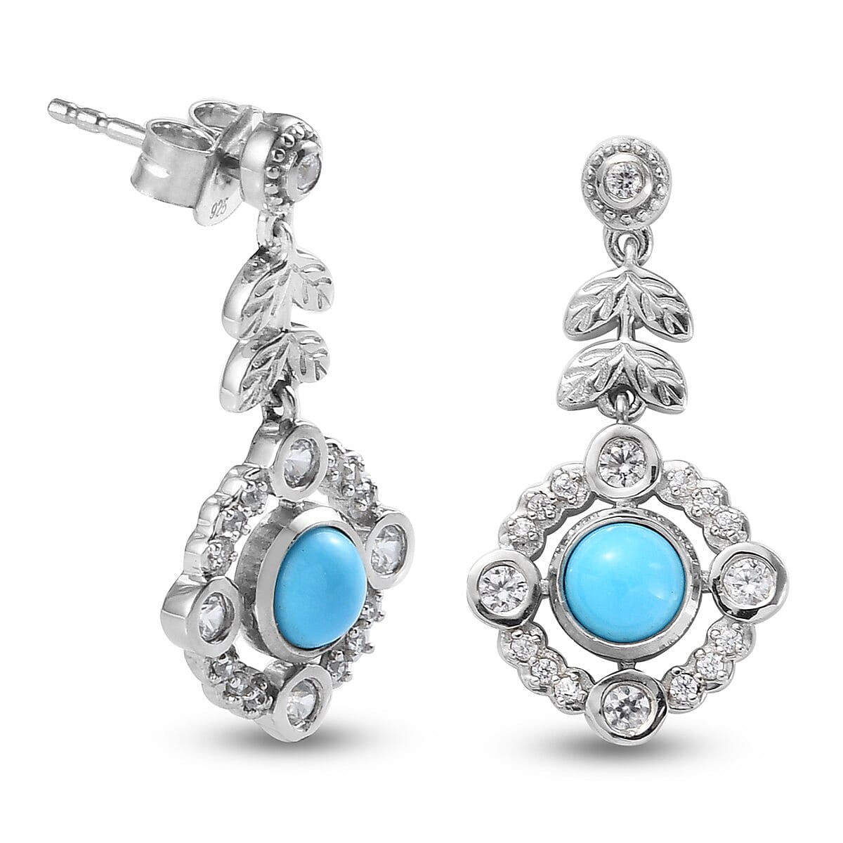 Arizona Sleeping Beauty Turquoise and Natural Cambodian Zircon Dangle Earrings (with Push Back) in Platinum Overlay Sterling Silver 1.57 Ct.