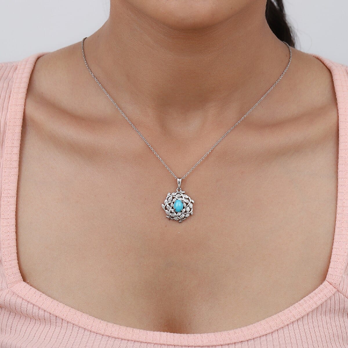 Arizona Sleeping Beauty Turquoise Leaf Vine Pendant in Platinum Overlay Sterling Silver 1.050 Ct.