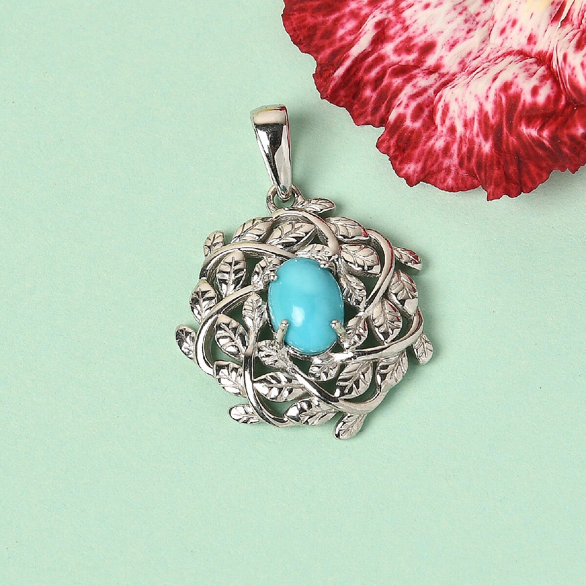 Arizona Sleeping Beauty Turquoise Leaf Vine Pendant in Platinum Overlay Sterling Silver 1.050 Ct.