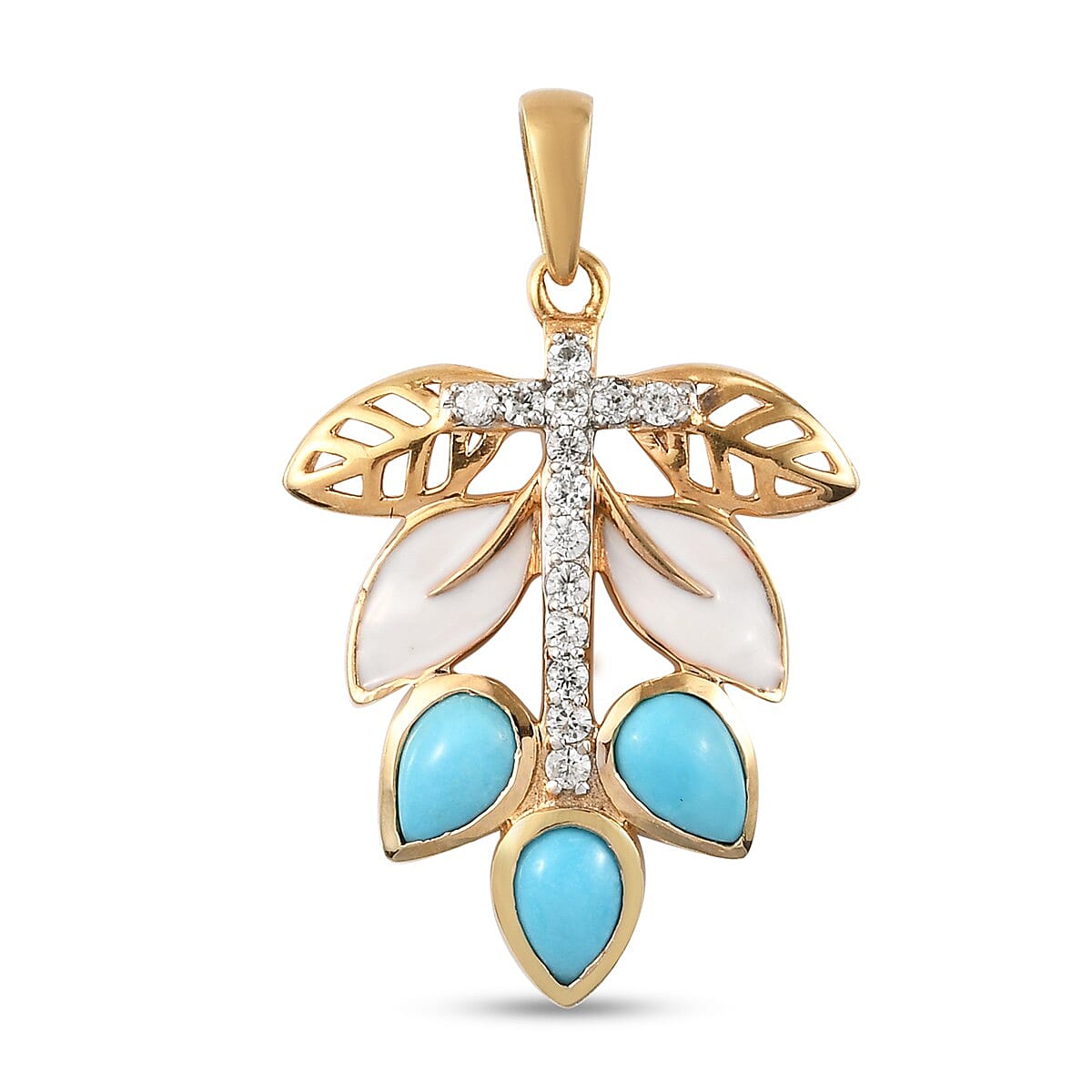 Arizon Sleeping Beauty Turquoise and Natural Combodian Zircon Enamelled Pendant in 14K Gold Overlay Sterling Silver 1.43 Ct.