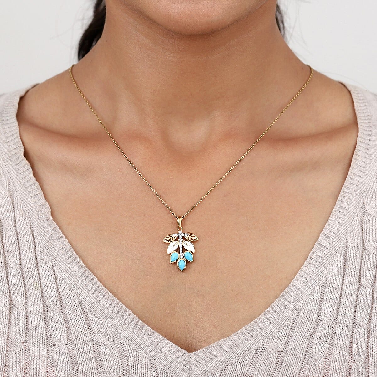 Arizon Sleeping Beauty Turquoise and Natural Combodian Zircon Enamelled Pendant in 14K Gold Overlay Sterling Silver 1.43 Ct.