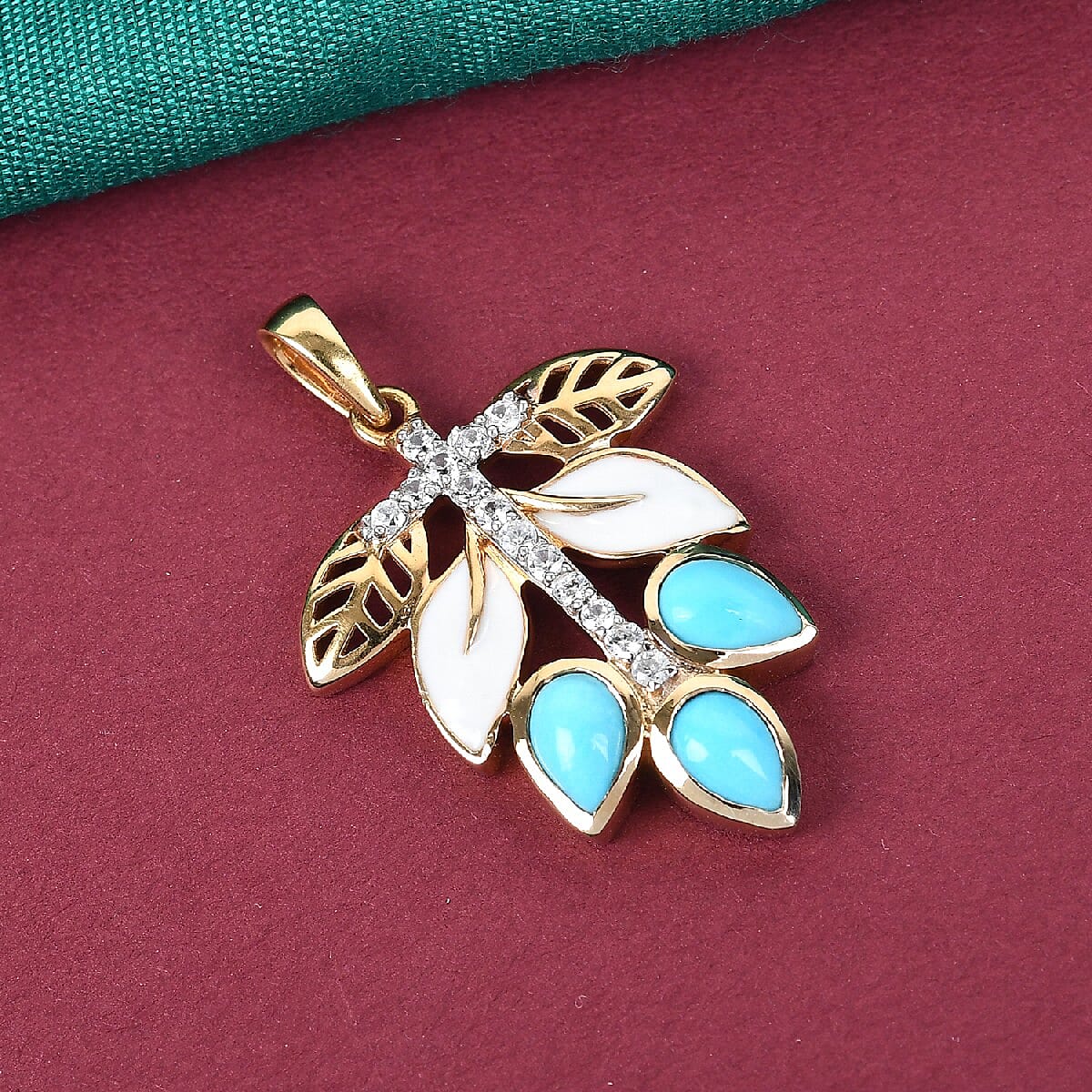 Arizon Sleeping Beauty Turquoise and Natural Combodian Zircon Enamelled Pendant in 14K Gold Overlay Sterling Silver 1.43 Ct.