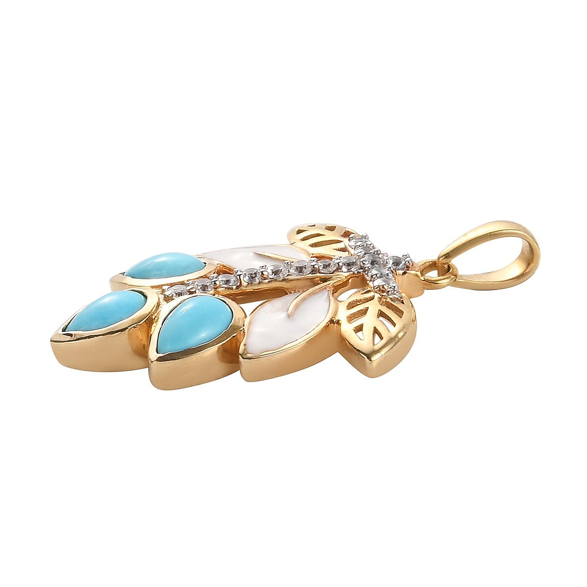 Arizon Sleeping Beauty Turquoise and Natural Combodian Zircon Enamelled Pendant in 14K Gold Overlay Sterling Silver 1.43 Ct.