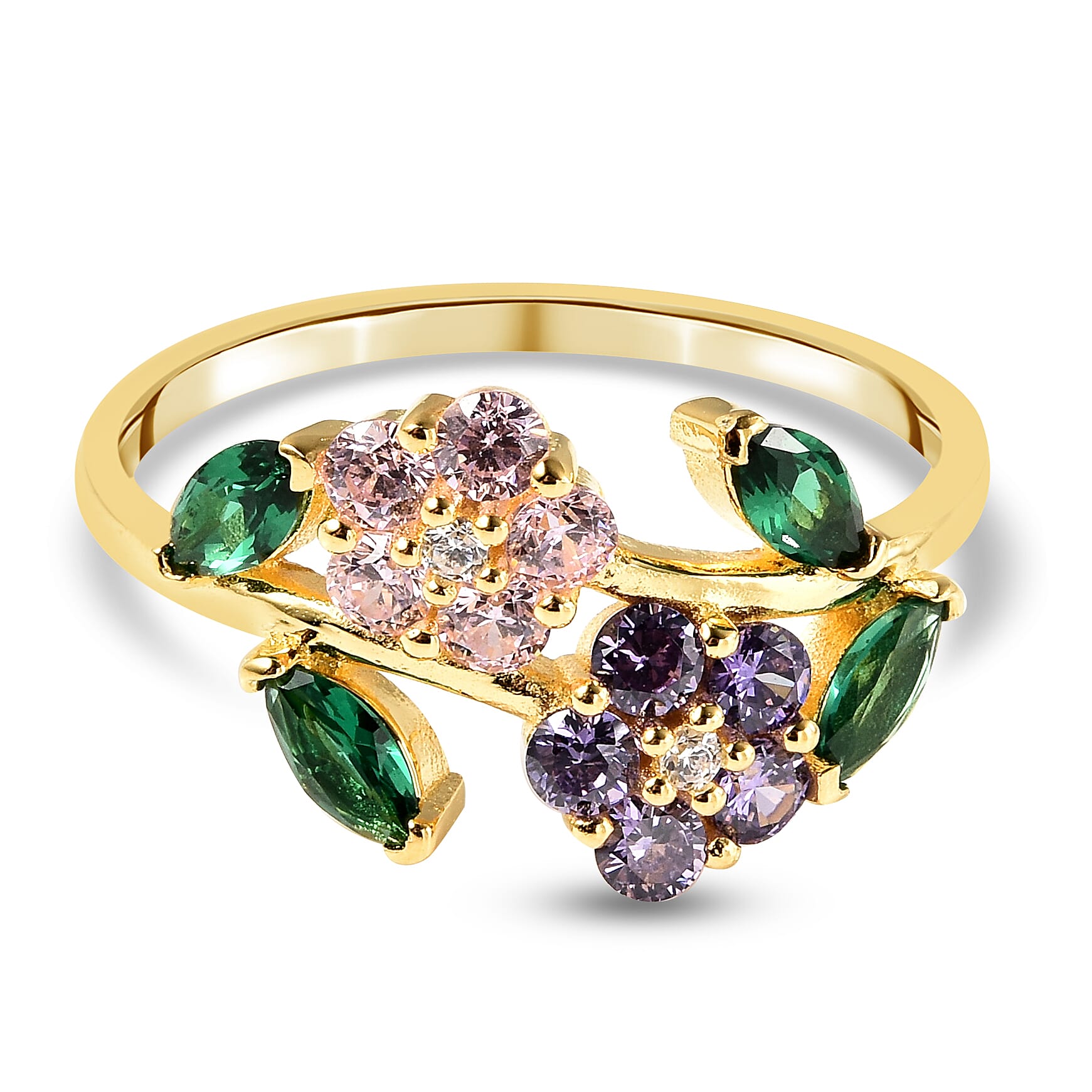 ELANZA Simulated Multi Colour Diamond Flower Ring in Yellow Gold Overlay Sterling Silver