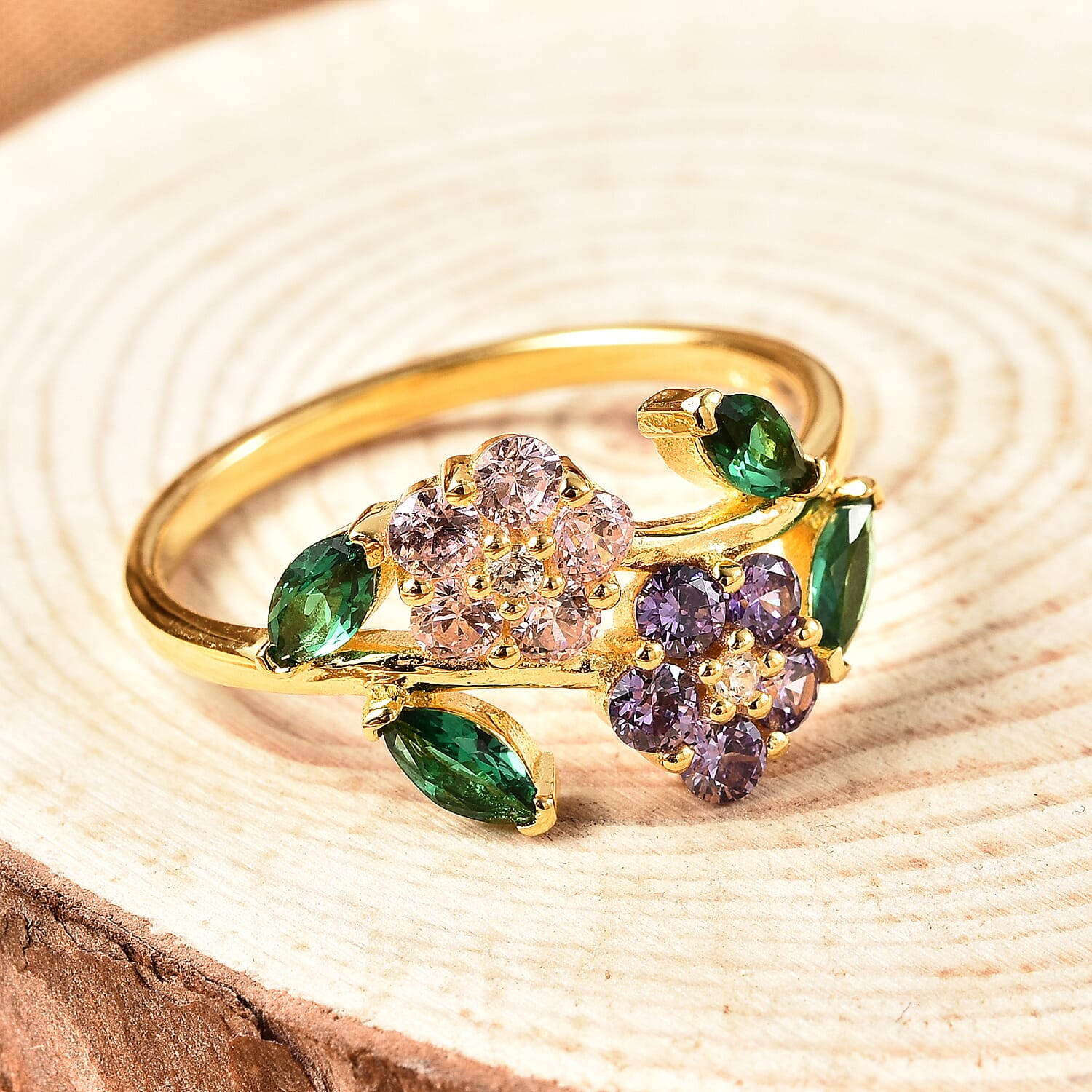 ELANZA Simulated Multi Colour Diamond Flower Ring in Yellow Gold Overlay Sterling Silver