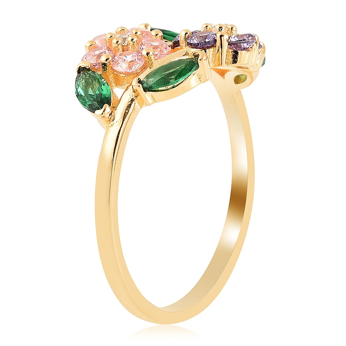 ELANZA Simulated Multi Colour Diamond Flower Ring in Yellow Gold Overlay Sterling Silver