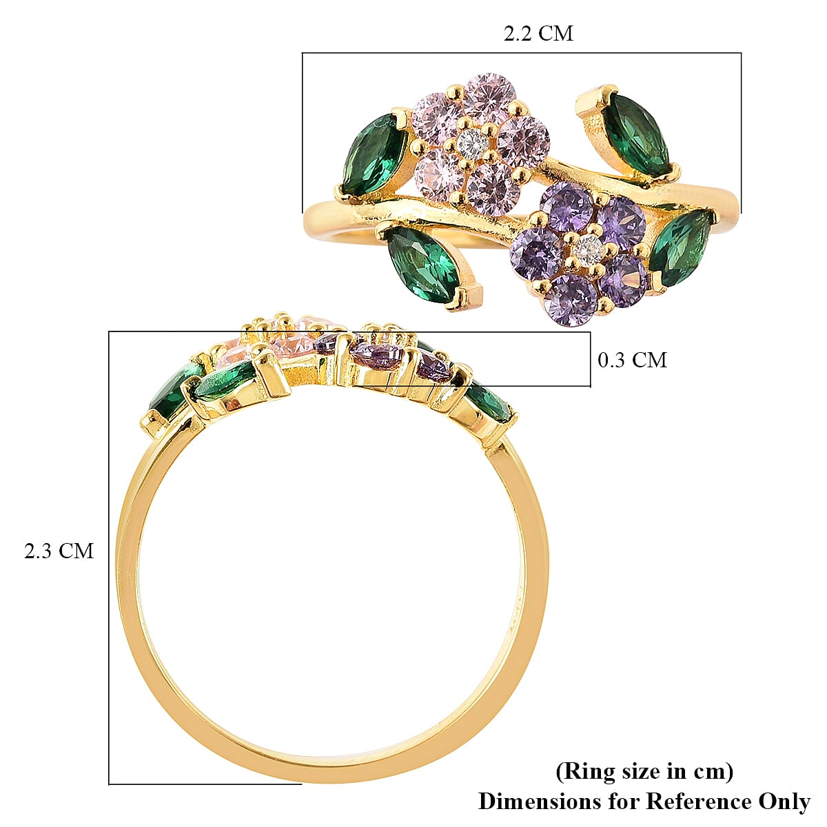 ELANZA Simulated Multi Colour Diamond Flower Ring in Yellow Gold Overlay Sterling Silver