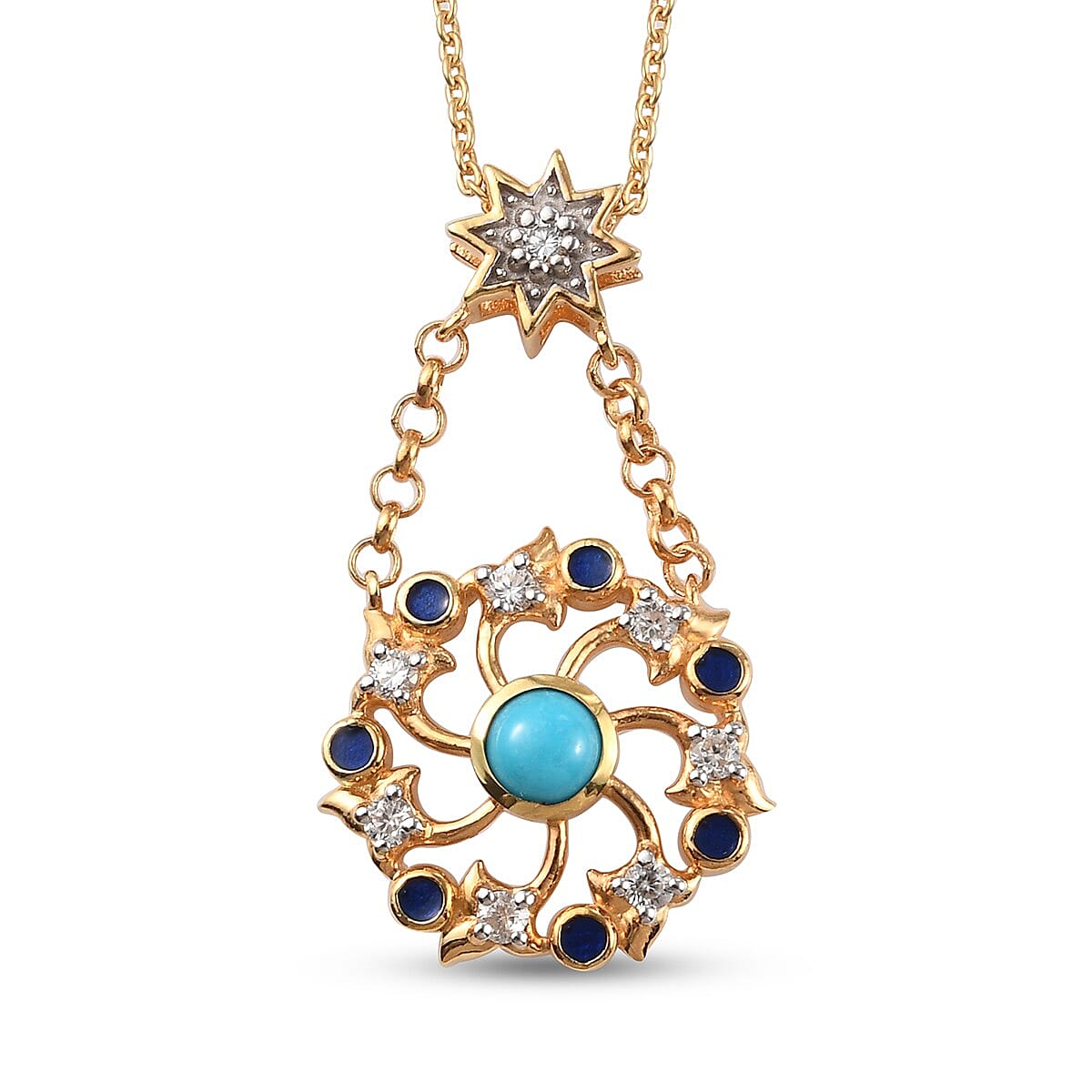 Arizona Sleeping Beauty Turquoise and Natural Cambodian Zircon Enamelled Pendant with Chain (Size 18) in 14K Gold Overlay Sterling Silver 1.00 Ct, Silver Wt. 5.90 Gms