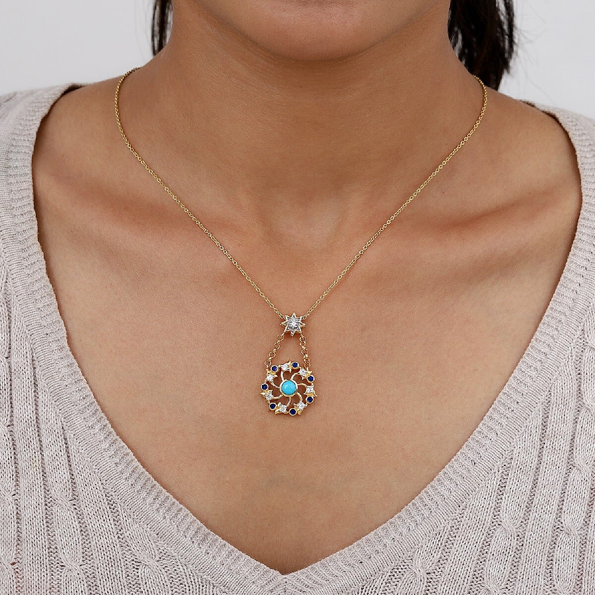 Arizona Sleeping Beauty Turquoise and Natural Cambodian Zircon Enamelled Pendant with Chain (Size 18) in 14K Gold Overlay Sterling Silver 1.00 Ct, Silver Wt. 5.90 Gms